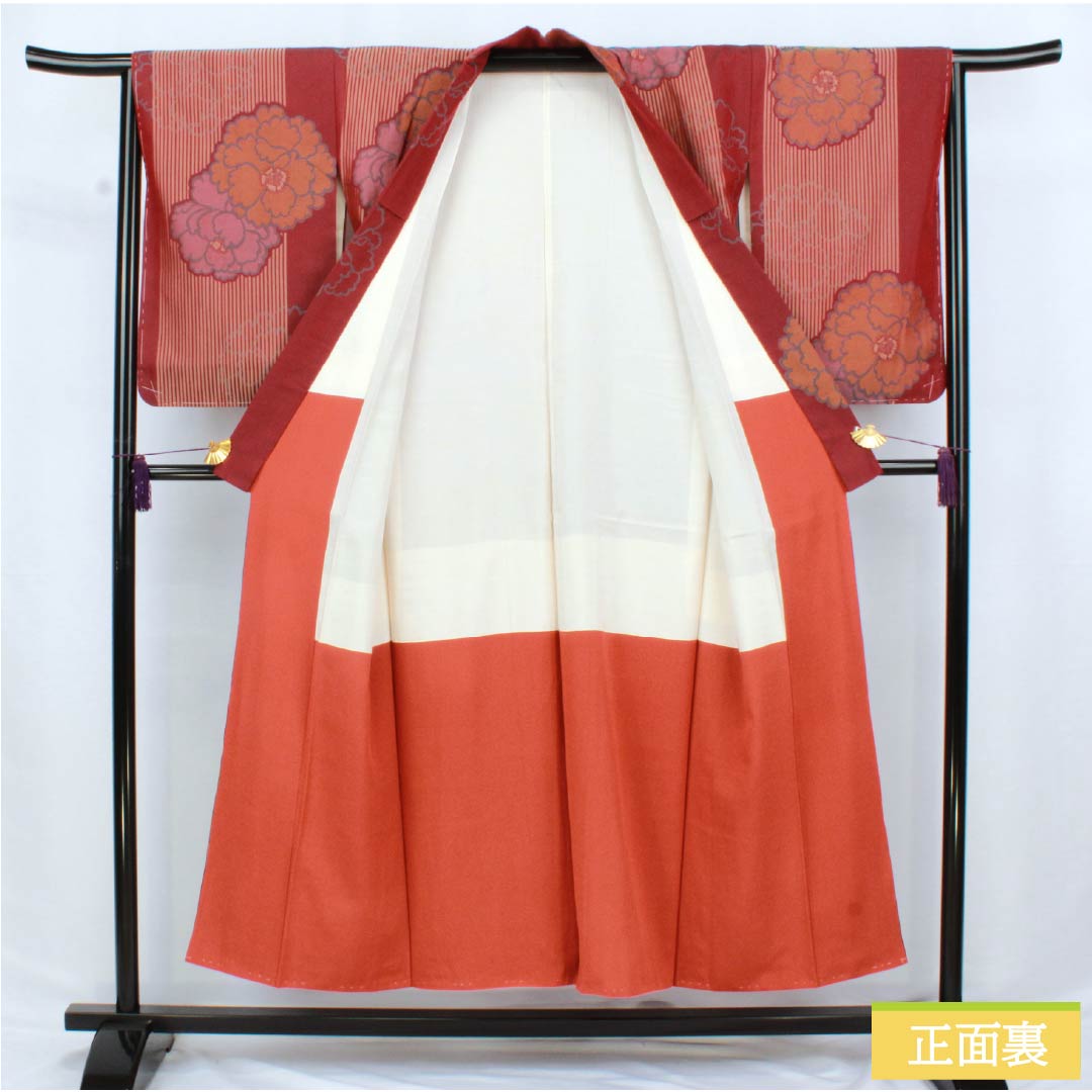 紬 正絹 Sランク 身丈151.5cm 裄丈64.5cm 皆紅色（かいこうしょく） 牡丹 お召 アンティーク 袷 赤系 1116004222212