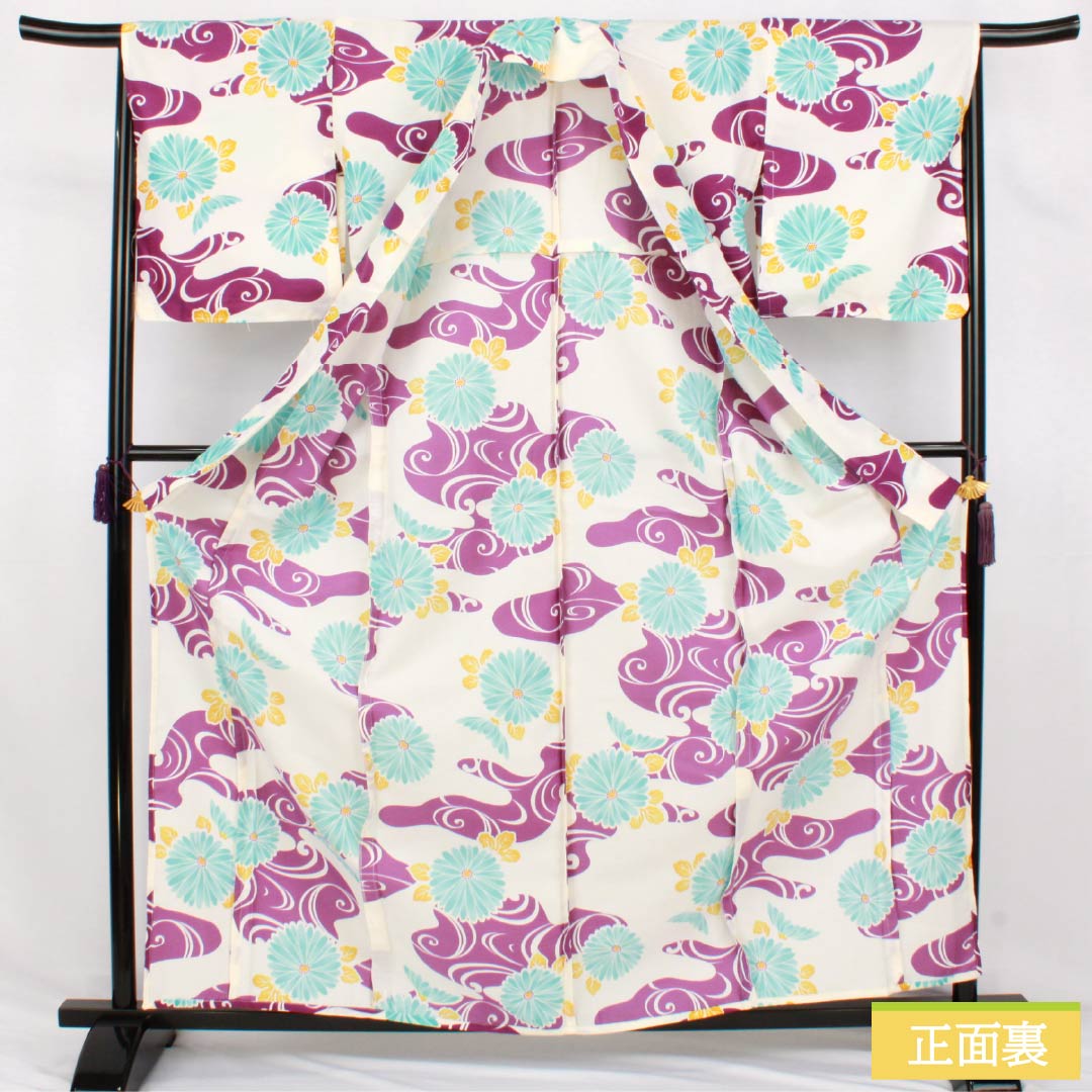 Polyester Komon (S rank) - Height 163cm, Sleeve-to-sleeve 67cm, Unlined, Milky White, Stenciled, Flowing Water and Chrysanthemum pattern, Washable Kimono, White-based, 1115007952411