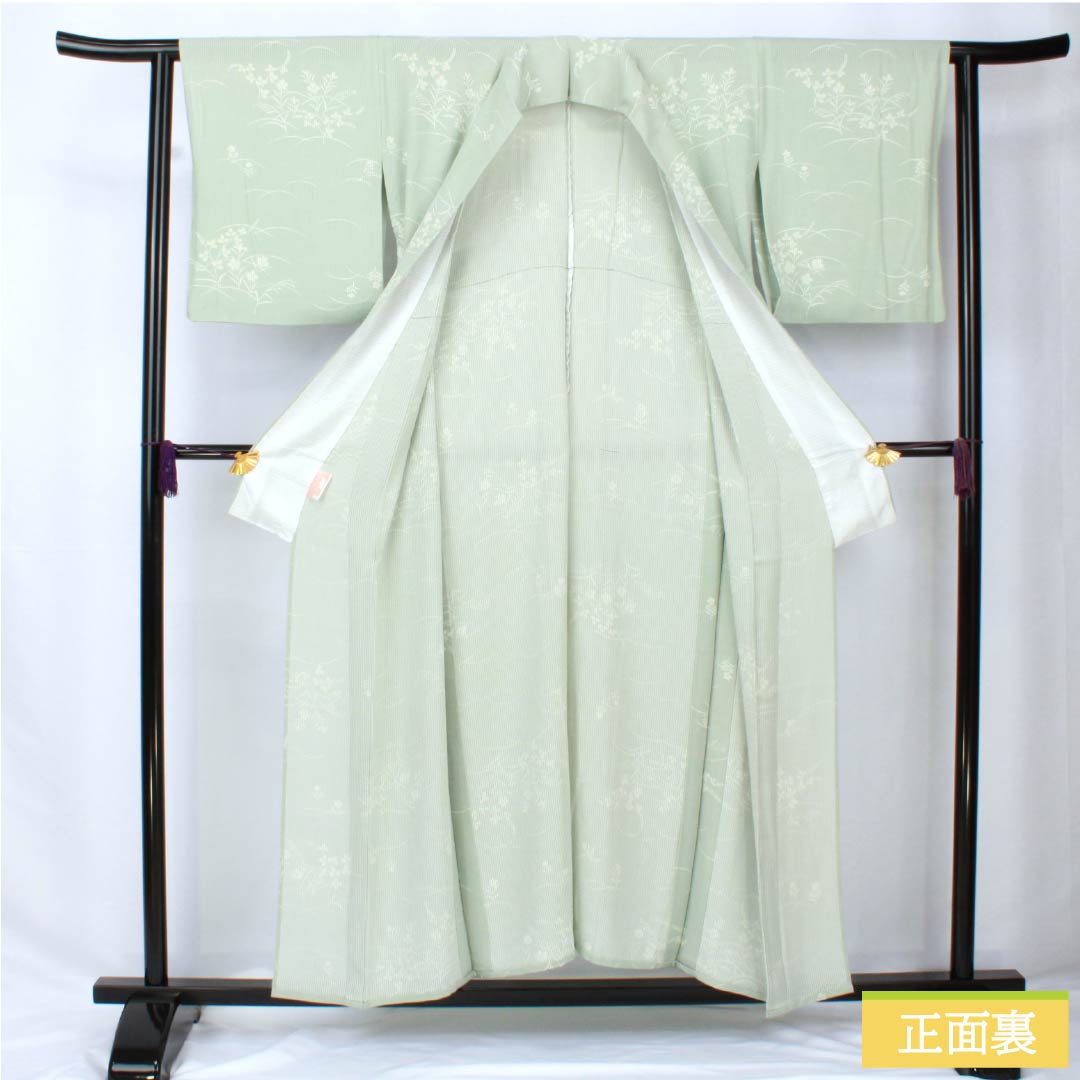夏物 正絹 小紋 身丈153cm 裄丈62cm 白緑色（びゃくろくいろ） 京友禅 秋草 三松シルクケア 絽 Aランク 緑系 1132002093219