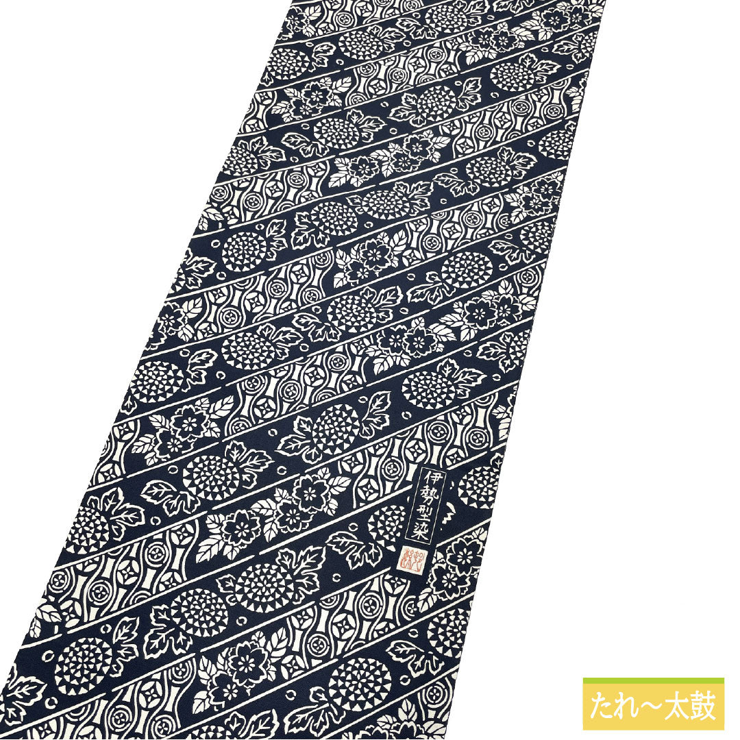Fukuro Obi (Sleeve Obi) - Pure Silk, S-Rank, Indigo Blue, Ise Stencil Dyed, Length 448cm, Full Length, Casual, Navy Blue, Item Number 1123016582318