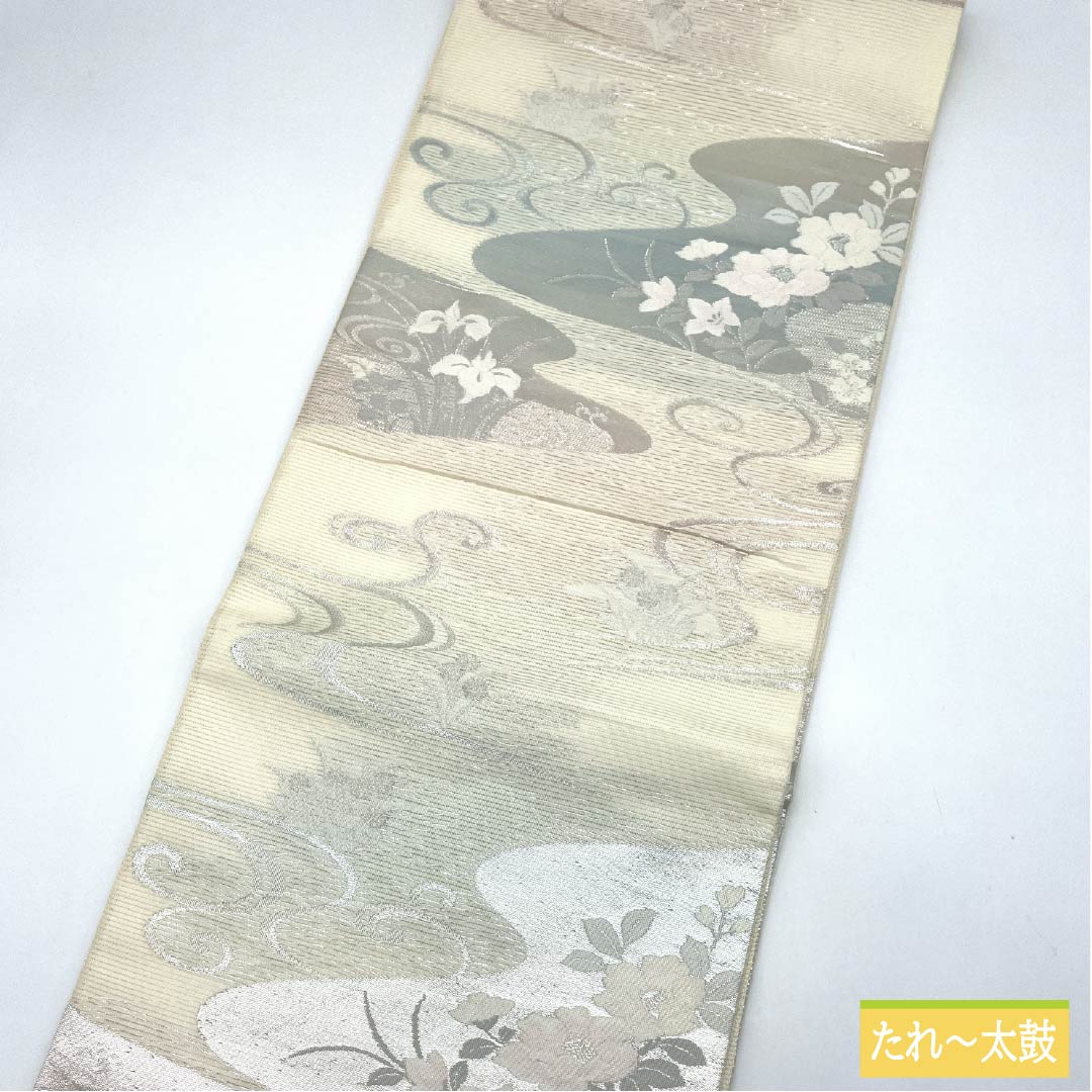 Fukuro Obi (sash), pure silk, A-grade, off-white, summer obi with a gold leaf pattern and flowing water design, hazy, 440cm long, six-pass, semi-formal, white, 1123015103311