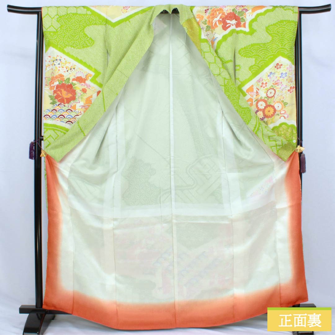 Furisode Pure Silk A Rank Length 167.5cm Sleeve-to-sleeve 64.5cm Lined Moegiiro (Yellowish Green) Kyo Yuzen Shibori Classic Pattern Green 1113002813519