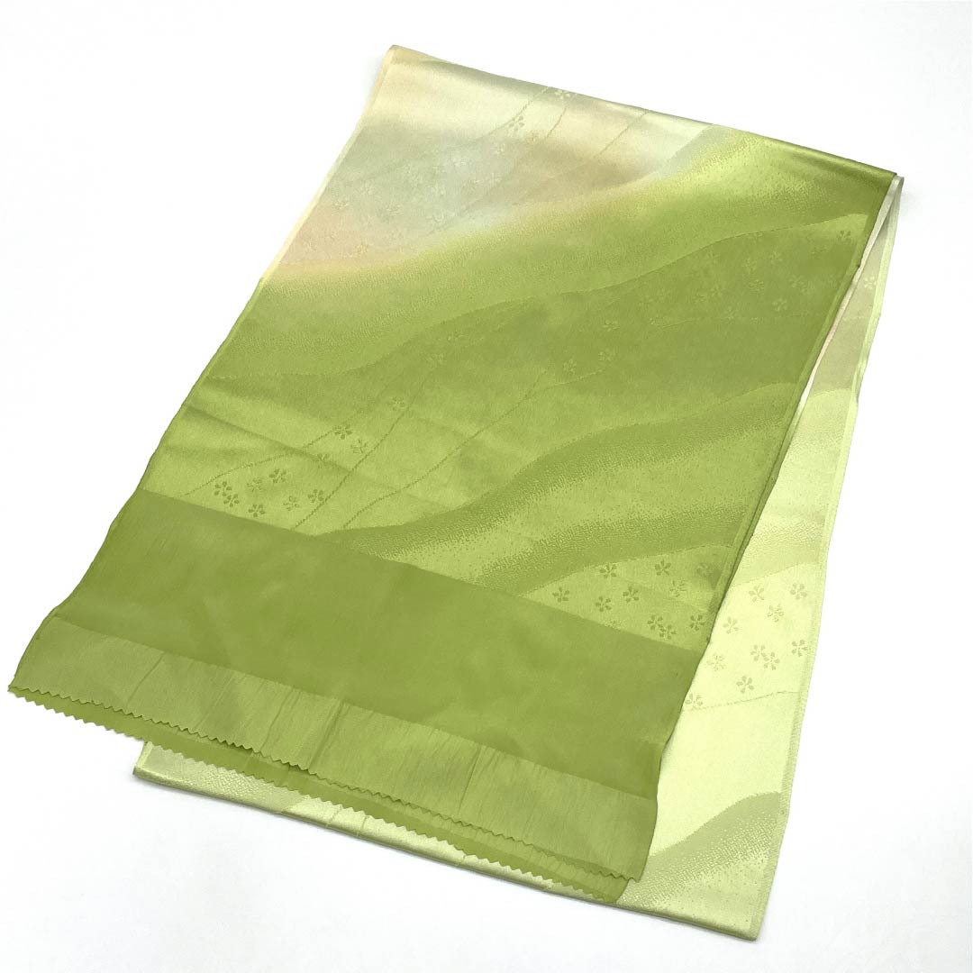 Obiage, pure silk, S rank, semi-formal, wakaba-iro (young leaf green), gradient, dochō-dori pattern, length approx. 176cm, width approx. 30cm, green family, 1136002592919