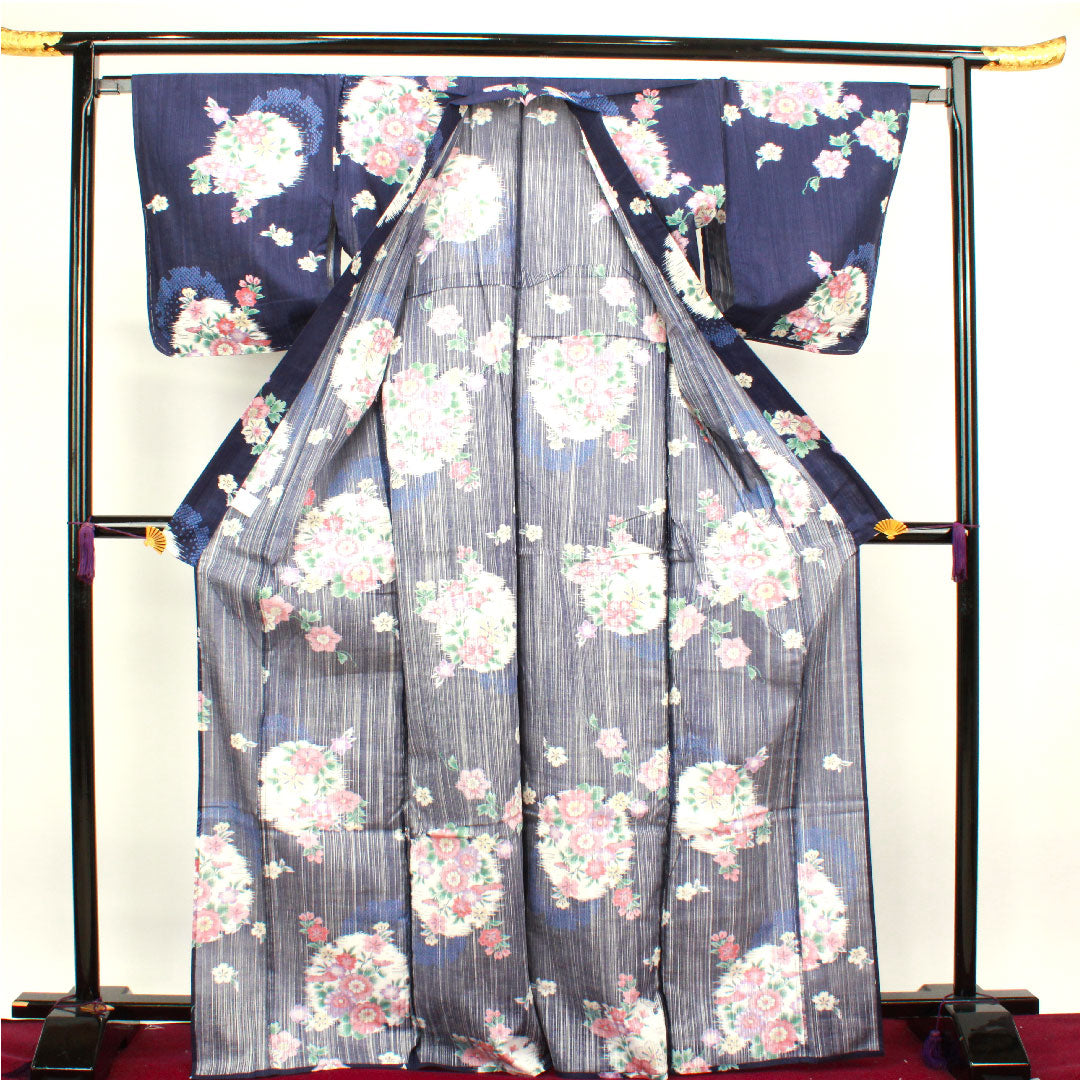 Yukata with basting thread, unused, navy blue, snowflake, floral pattern, cotton, S rank, single layer, length 171cm, sleeve length 65.5cm, navy blue, 1118002072618