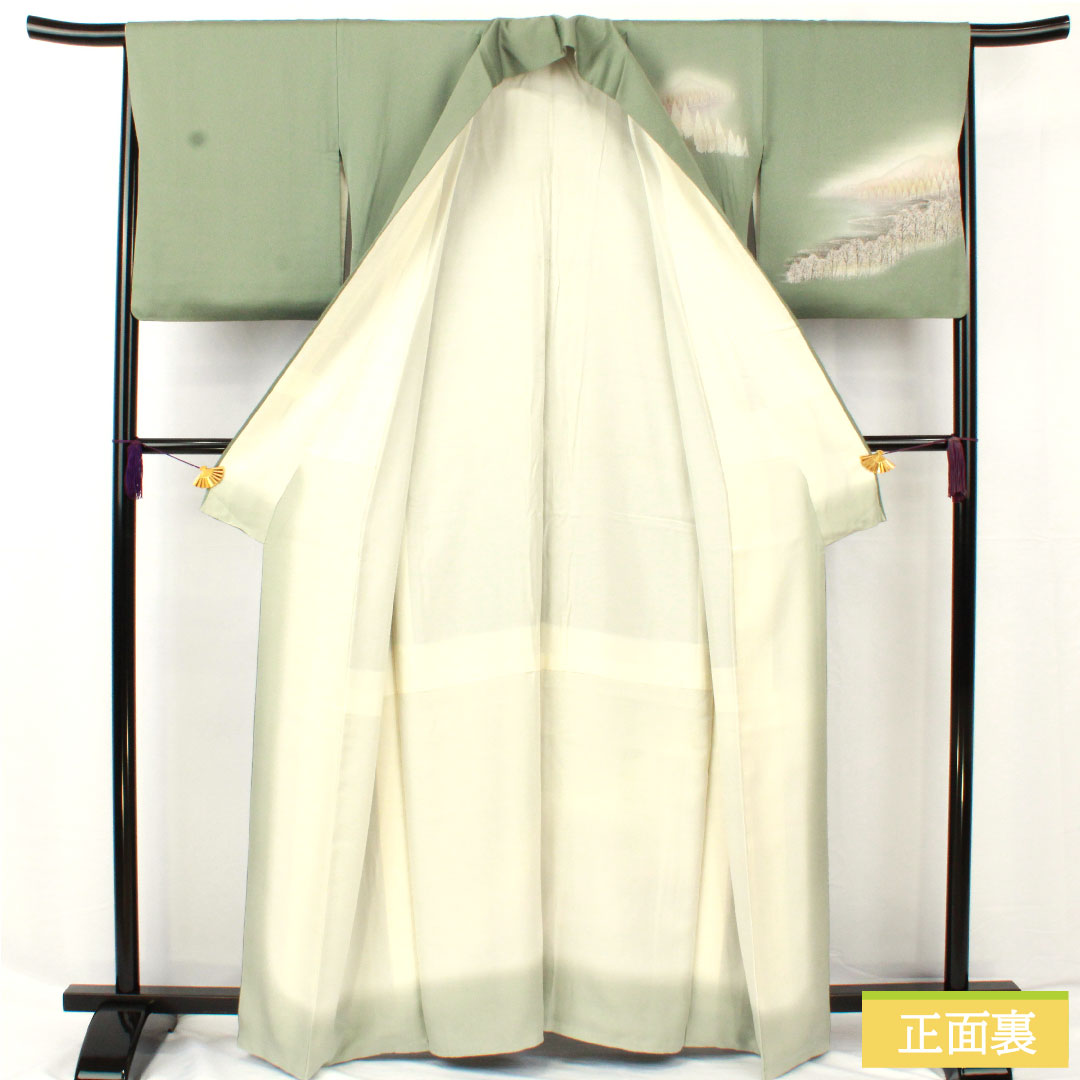Homongi, pure silk, lined, length 162.5cm, sleeve length 65cm, leaf color on the back, landscape pattern, A rank, green, 1112005853419
