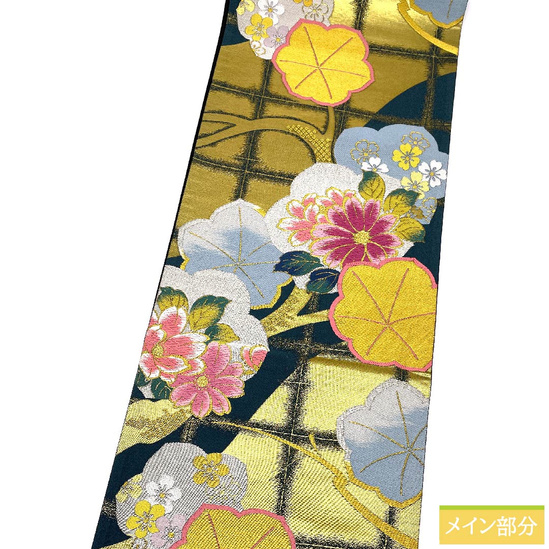 袋帯 高麗納戸色（こうらいなんどいろ） 梅 桜 花模様 石畳 帯丈430cm 正絹 Sランク 六通 フォーマル 緑系 1123010482319