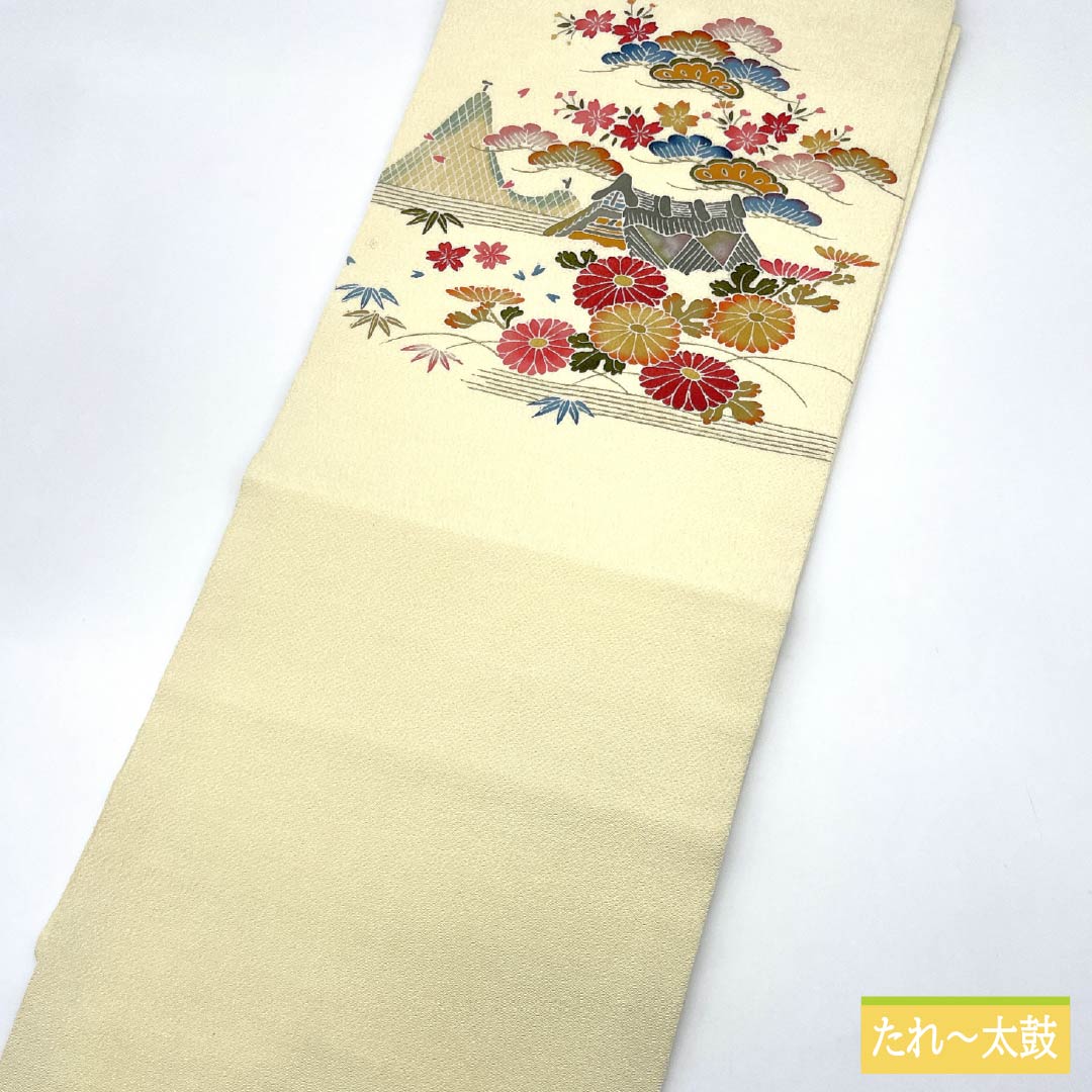 Nagoya obi, pure silk, milky white color, crepe fabric, dyed obi, pine, obi length 356cm, A rank, point pattern, semi-formal, cream color, 1124007293315, Nagoya style