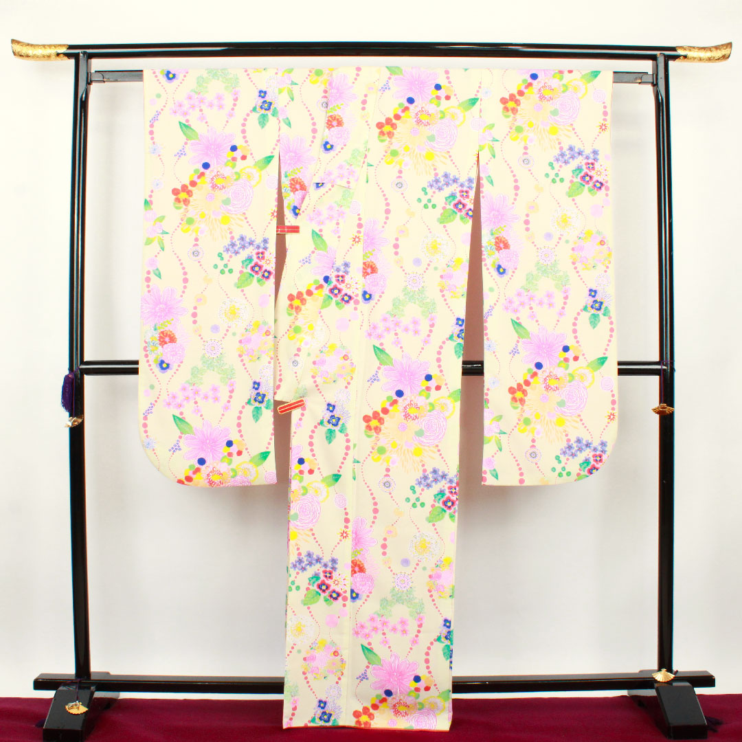 振袖 身丈166cm 裄丈68cm 袷  象牙色 洗える着物 花模様  ポリ Sランク クリーム系 1113001032515