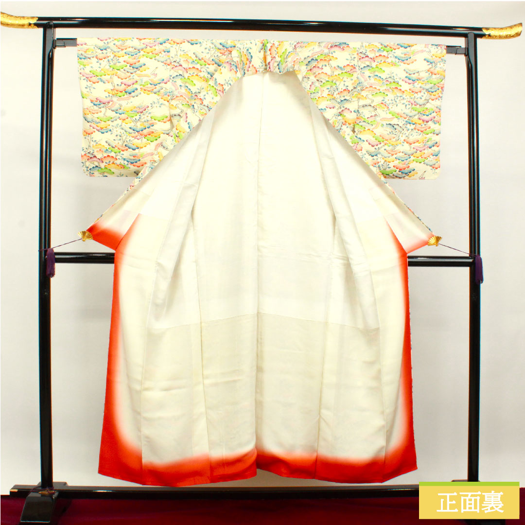 小紋 クリーム系 身丈152.5cm 裄丈67.5cm 袷  乳白色 松 鶴  正絹 Aランク 1115003743215
