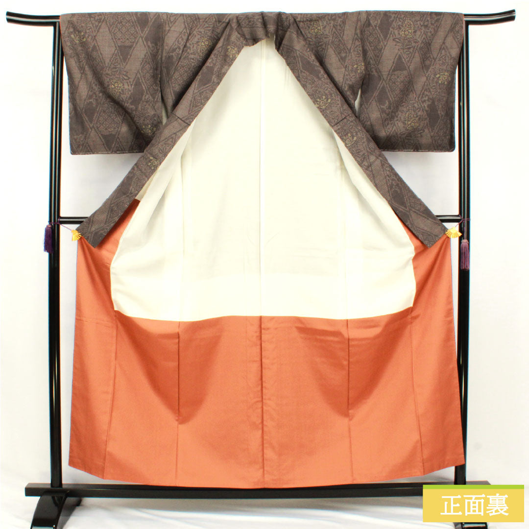 結城紬 正絹 身丈157.5cm 裄丈64.5cm  黝色 抽象模様 しつけ糸付き 未使用品 Sランク 袷 グレー系 1116003322322