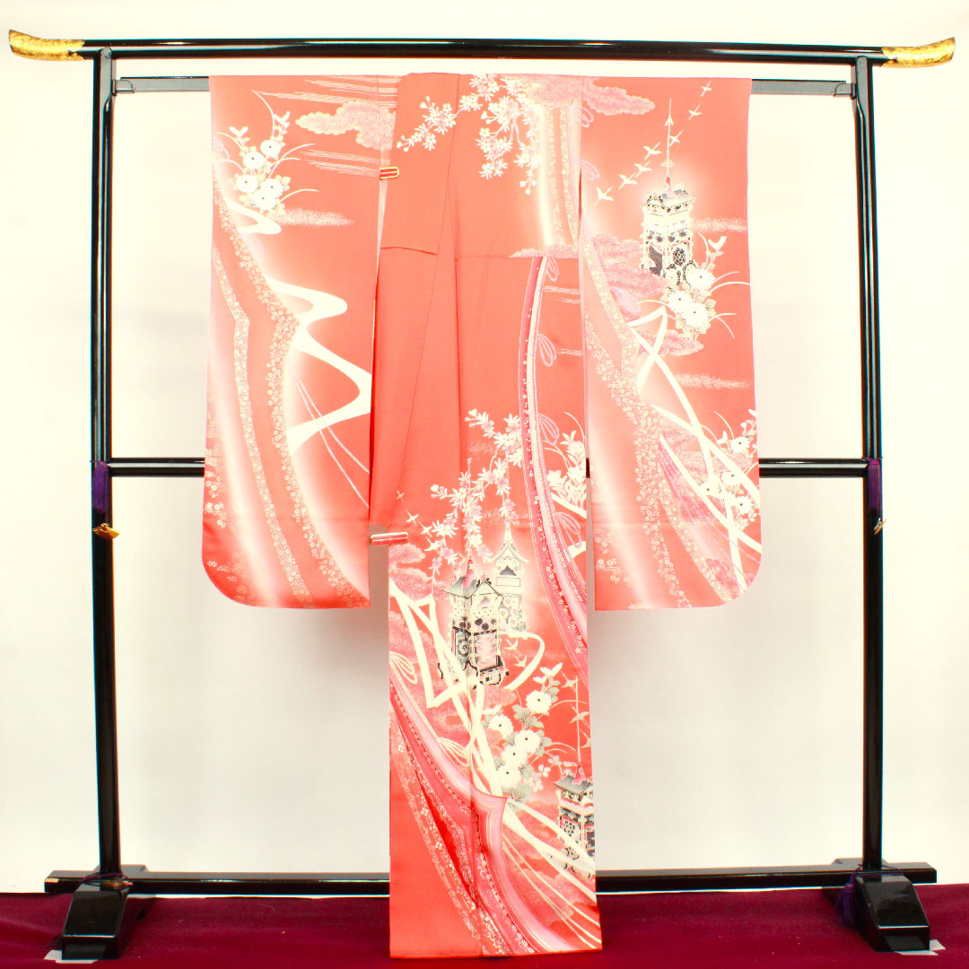 Long-sleeved kimono, length 166cm, sleeve length 63cm, lined, medium red, spear, floral pattern, pure silk, A rank, vermilion, 1113001463516