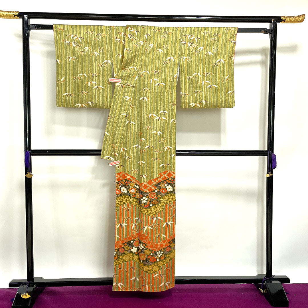 訪問着 袷 身丈158cm 裄丈63cm 梅幸茶色 梨子色 京友禅 松 絞り 正絹 Sランク 緑系 1112001912319