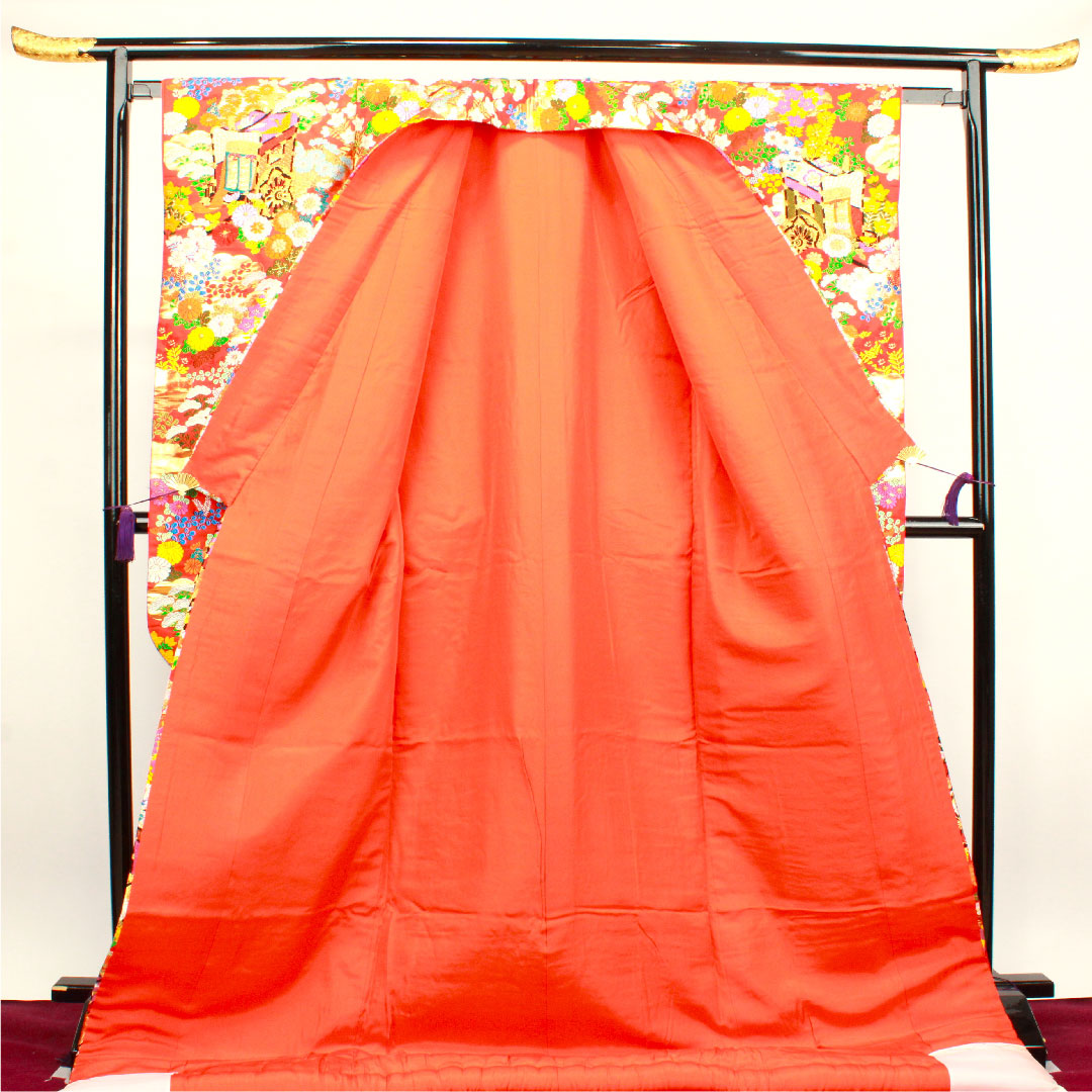 色打掛 身丈192cm  緋色 唐織 御所車 吉祥文様 正絹 Aランク 袷 朱系 1110000242916