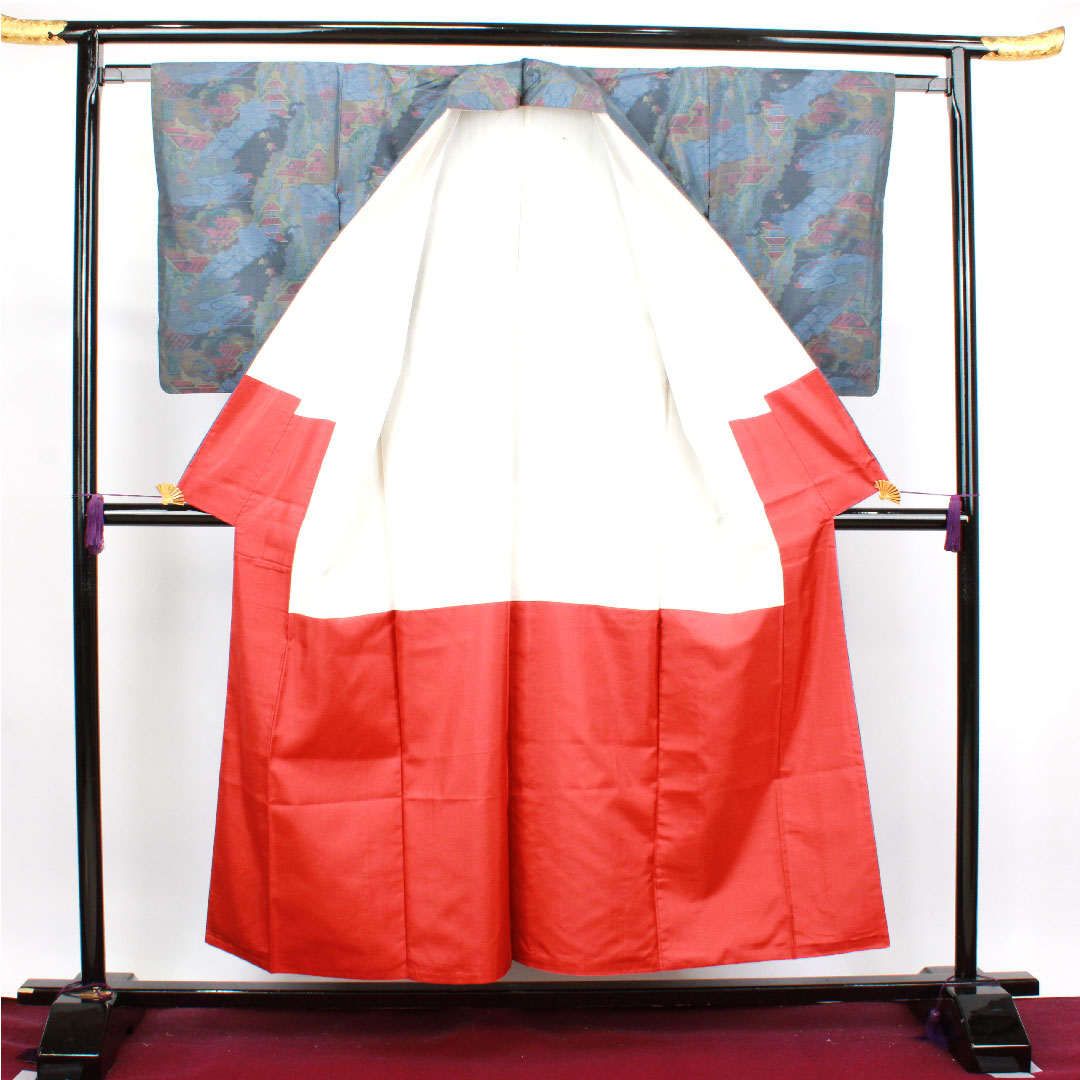 大島紬 身丈154cm 裄丈62cm 青袋鼠色 緯総絣 風景模様 正絹 Aランク 袷 青系 1116002673217