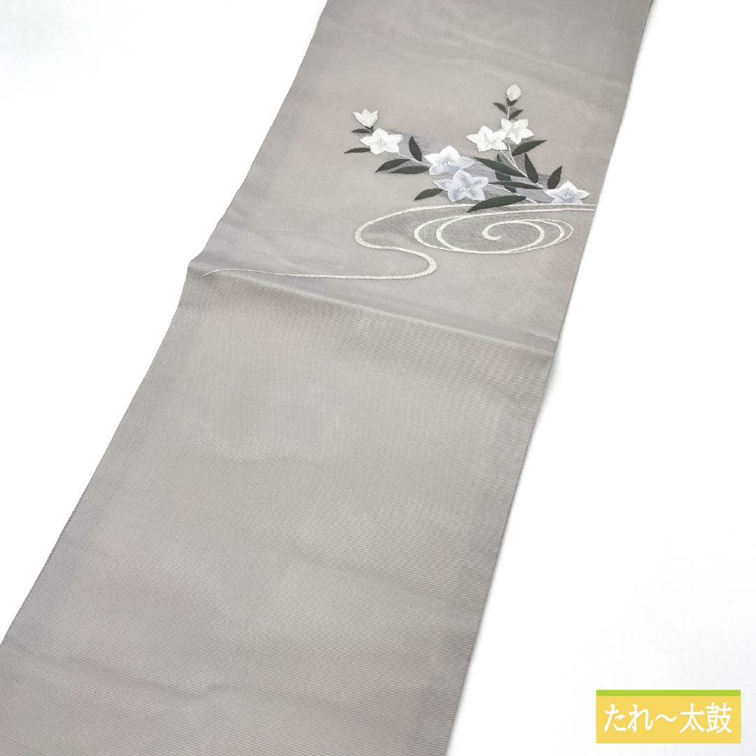 Nagoya obi, pure silk, silver-gray color (ginkai shoku-iro), summer obi, bellflower, flowing water, obi length 358cm, S rank, point pattern, semi-formal, gray, 1124008302322, Nagoya tailoring