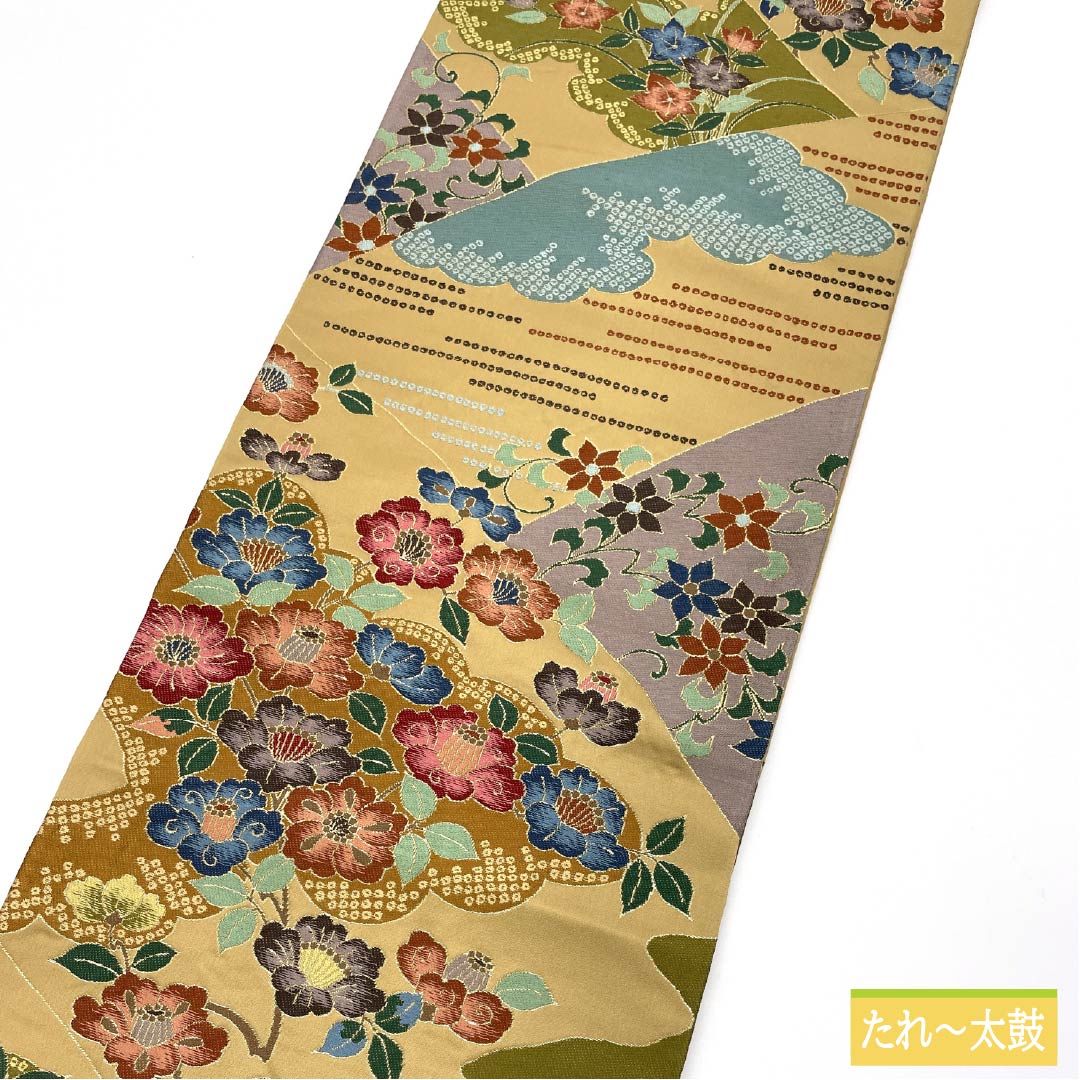 Formal beige obi, pure silk, golden yellow, by Hakuryoen Oba, featuring peony and bellflower designs, suitable for formal kimono (tomesode). Length: 434cm, S rank, six-fold hem. Product code: 1123014192325.