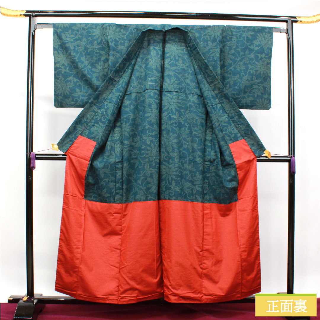 紬 正絹 身丈158cm 裄丈62.5cm  高麗納戸色 草花模様 胴抜き仕立 Sランク 胴抜き 緑系 1116002922319