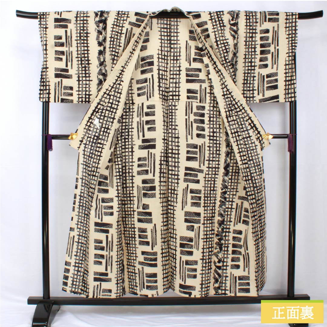 Men's yukata, cotton-linen blend, length 154cm, sleeve length 71.5cm, A rank, unlined, beige (tonoko-iro), geometric pattern, 1118005423225