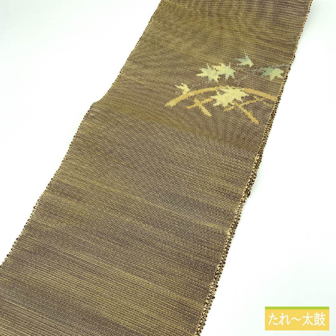 Nagoya obi, pure silk, straw color, summer obi, maple leaf, obi length 355cm, S rank, point pattern, semi-formal, beige, 1124008192325, pine needle style