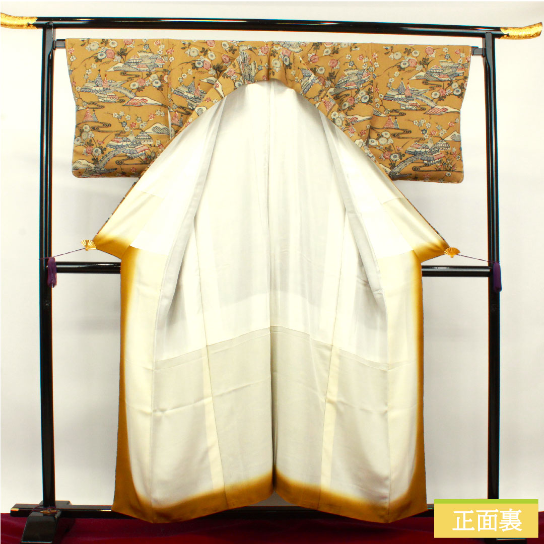 小紋 正絹 身丈154.5cm 裄丈67cm 袷  猟虎色 京紅型 茶屋辻 しつけ糸付き  Sランク 茶系 1115003702214