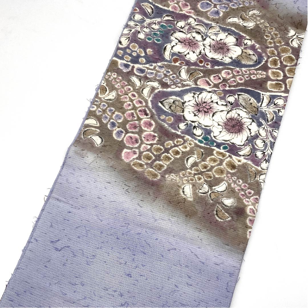 Nagoya obi, light wisteria, Tsujigahana, Hige Tsumugi, obi length 362cm, pure silk, A rank, point pattern, casual, purple, 1124003233320, open style