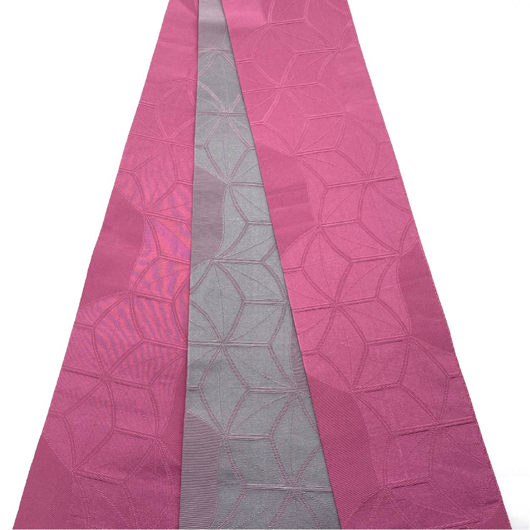 Half-width obi, pure silk, hibiscus flower color (Mukugeiro) with a hemp leaf pattern, reversible, length 380cm, pink, S rank, 1125001922313