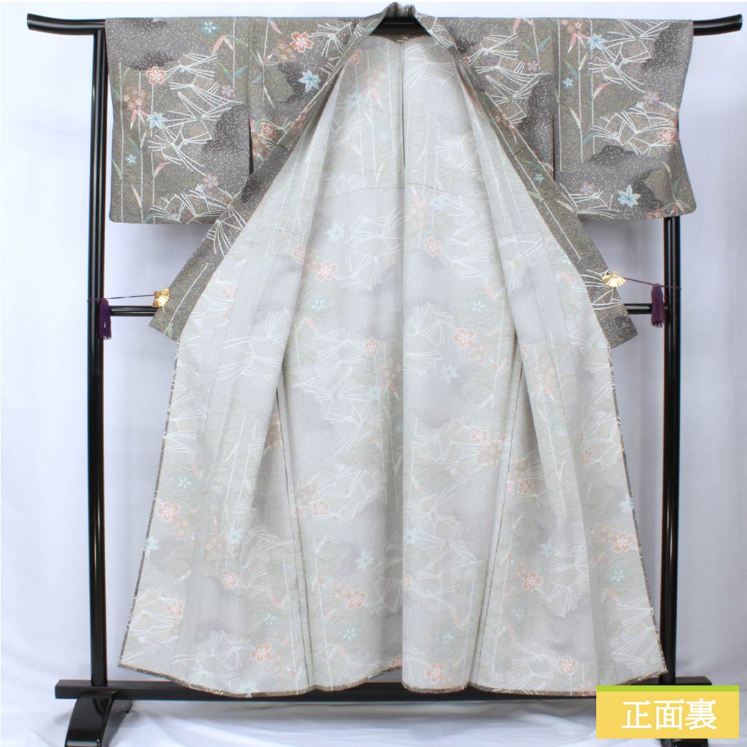 Komon (small pattern) kimono, polyester, length 156cm, sleeve length 66cm, single-layer, lead-colored (namari-iro) kimono, classic pattern, washable, S rank, gray, product number 1115005912322