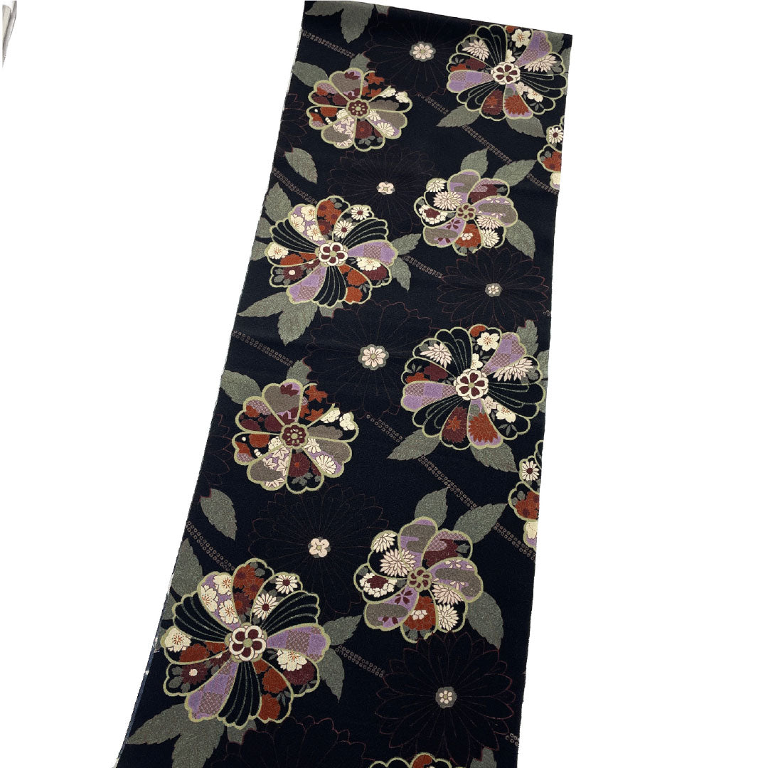 帯揚げ 正絹 Sランク カジュアル 黒色（くろいろ） 古典柄 花柄 レトロ 長さ約176cm 幅約31cm 黒系 1136001742910