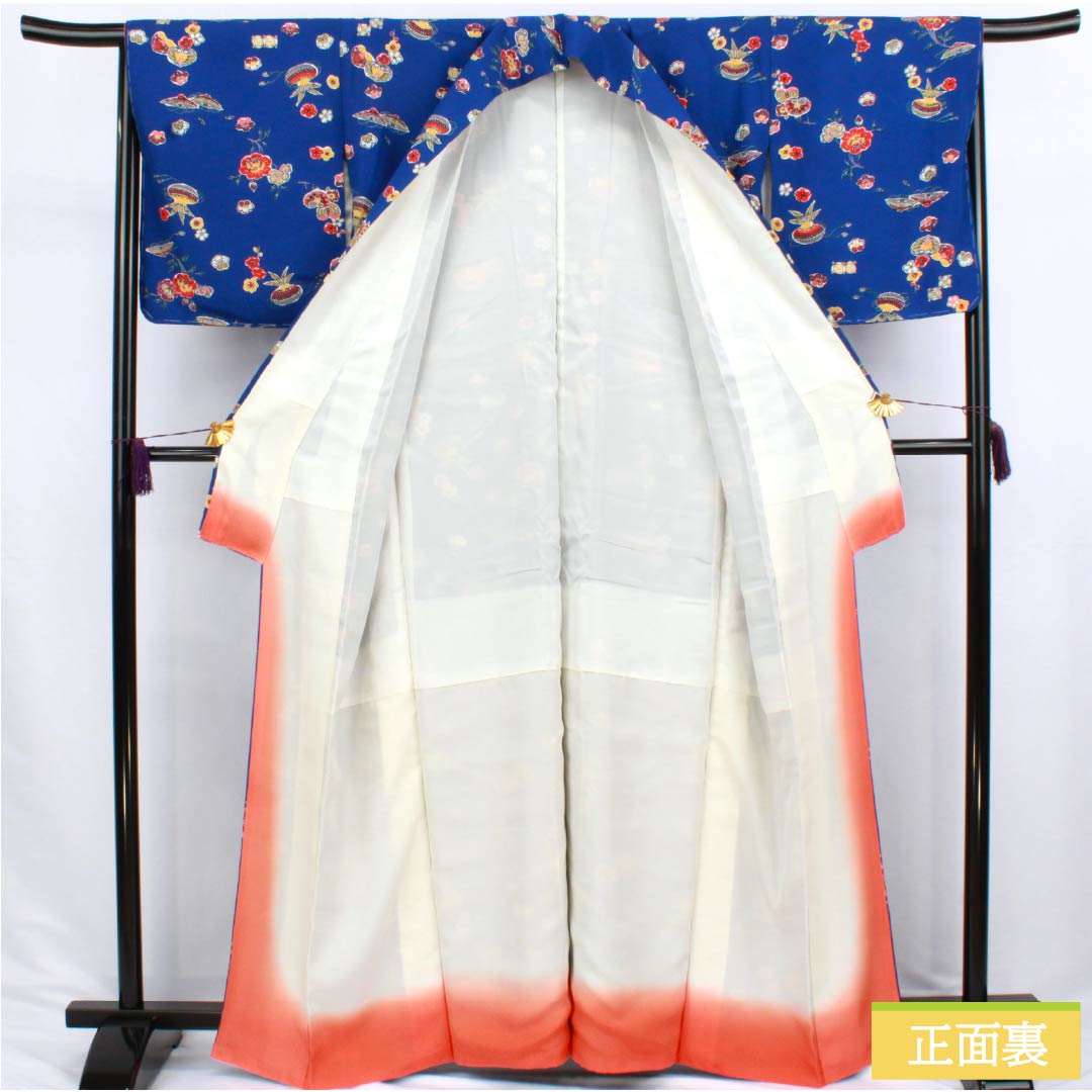 小紋 正絹 Sランク 身丈163.5cm 裄丈66cm 袷 瑠璃色（るりいろ） 型染 吉祥文様 青系 1115006892417
