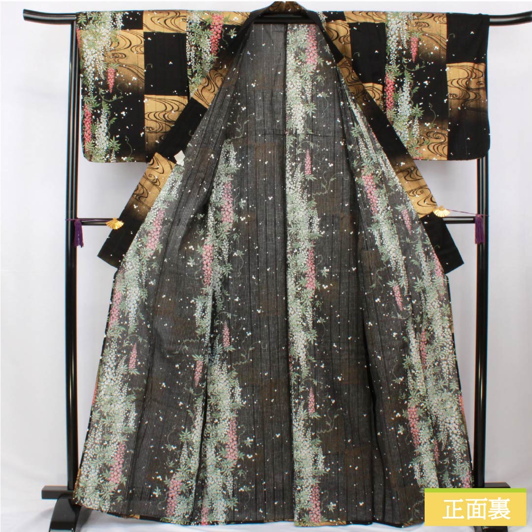 Cotton Yukata, Length 165.5cm, Sleeve Length 67cm, S Rank, Single Layer, Black, Tatero, Wisteria, Flowing Water, Checkered Pattern, 1118006532510