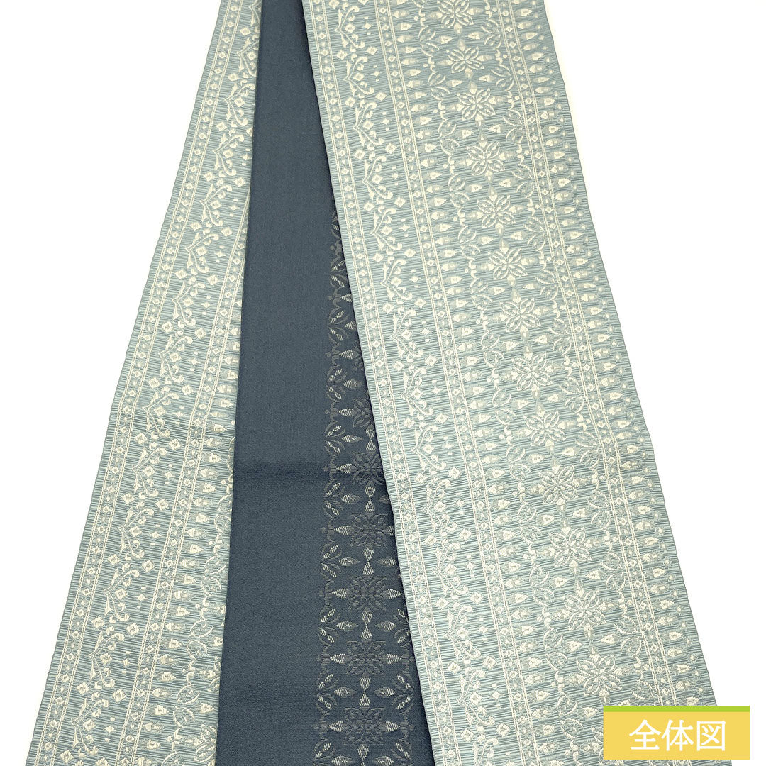 （新品）半幅帯 ポリエステル NEWランク 沈香茶色（とのちゃいろ） 紺滅色（こんげしいろ） 幾何学模様 抽象花模様 リバーシブル 帯丈400cm 青系 1125002551417