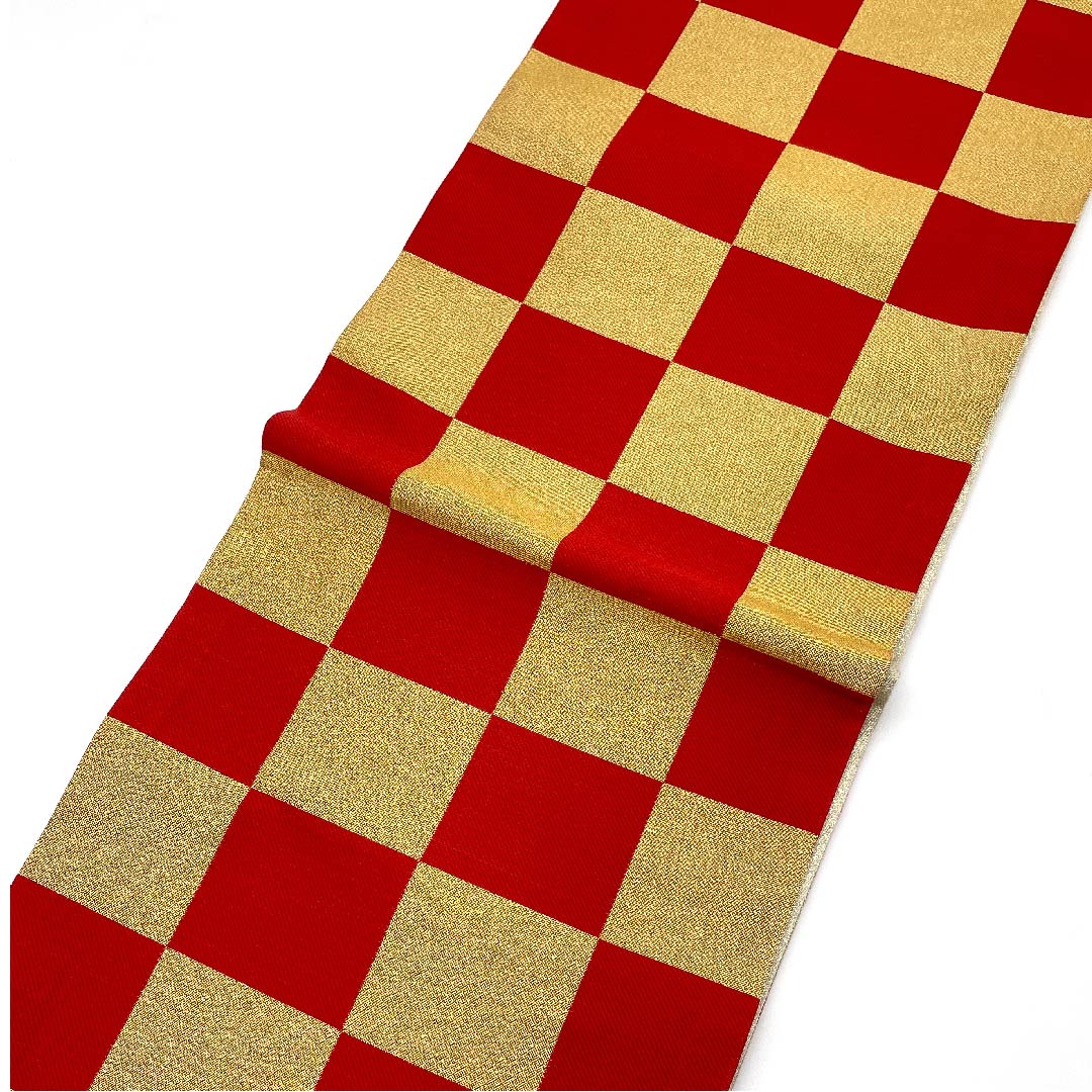 Gold-colored Fukuro Obi for Furisode, Checkered, Length 432cm, Pure Silk, A-Rank, Six-way, Formal, Gold-based, 1123006233321