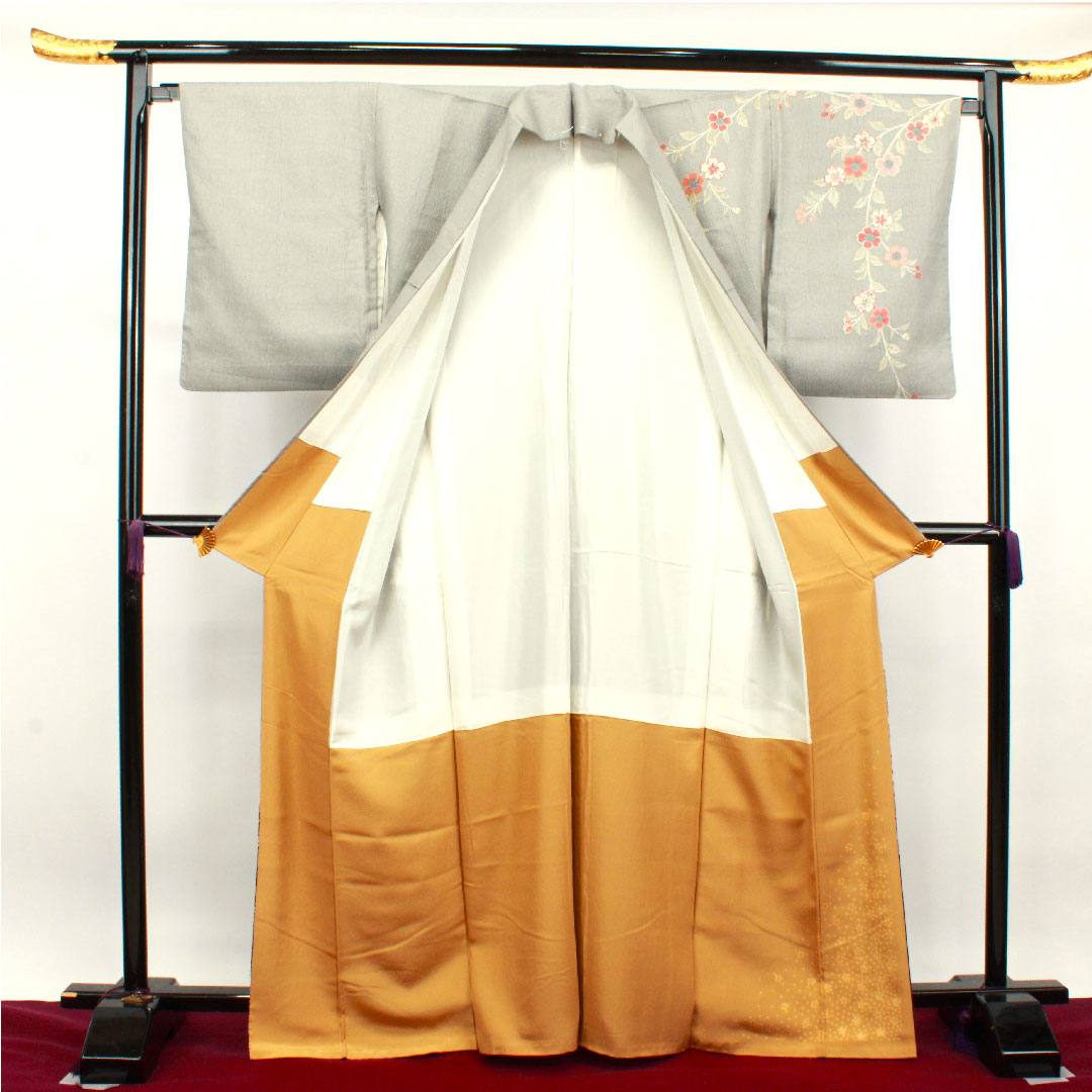 Homongi, pure silk, lined, length 166cm, sleeve length 66cm, mercury color, Kyo-Yuzen, Tsujigahana, S rank, gray, 1112003062522