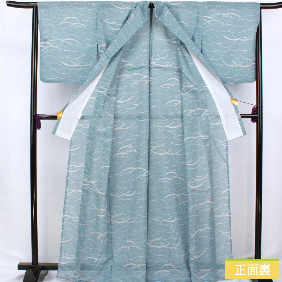 Summer kimono, polyester, small pattern, length 166cm, sleeve length 66cm, Oborohana (Oborohana) color, dew grass, washable, silk pongee, S rank, light blue, product number 1132002492524