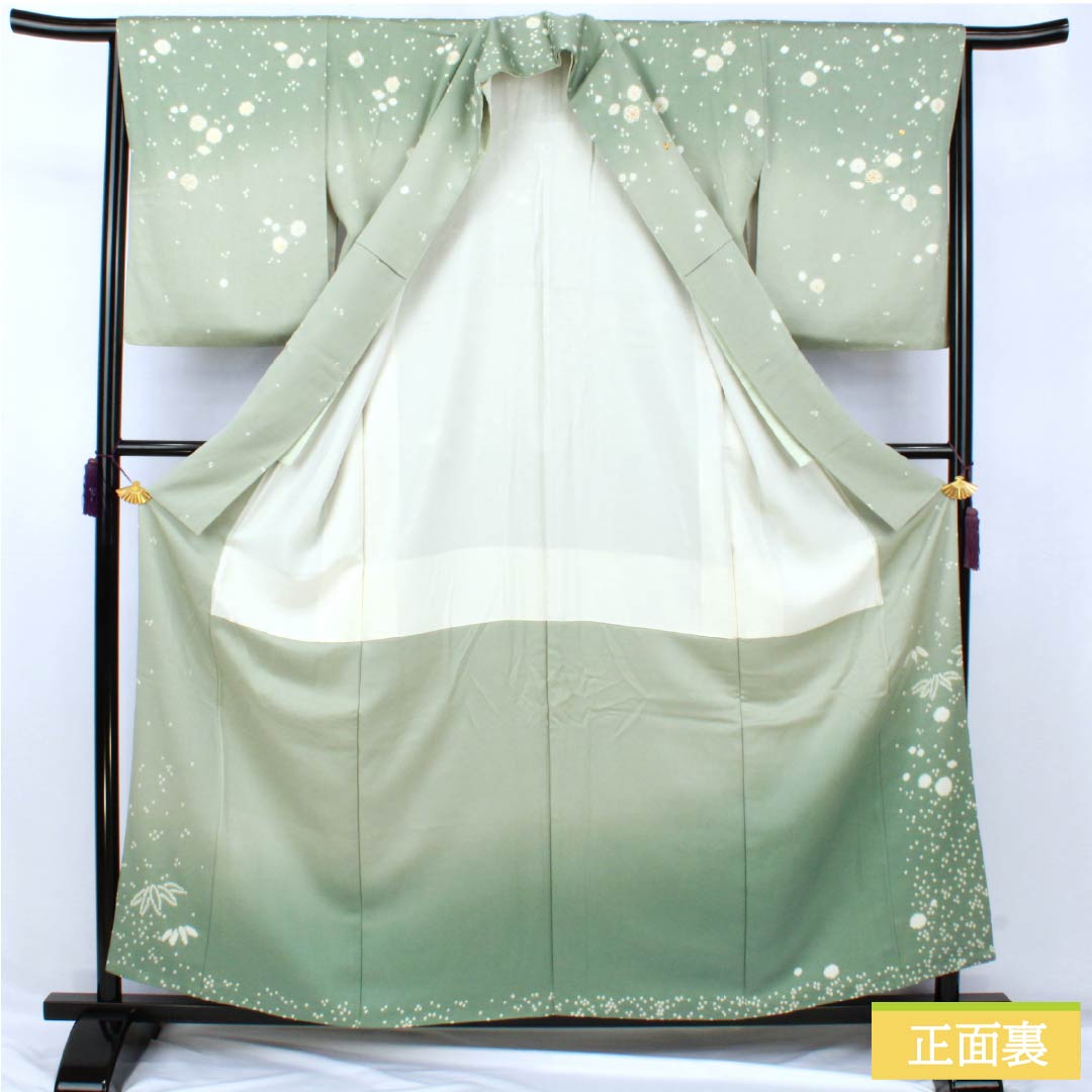 訪問着 正絹 Aランク 袷 身丈158.5cm 裄丈63cm 青磁色（せいじいろ） 一つ紋 金駒刺繍 絞り 重ね衿付き 梅 緑系 1112007333319