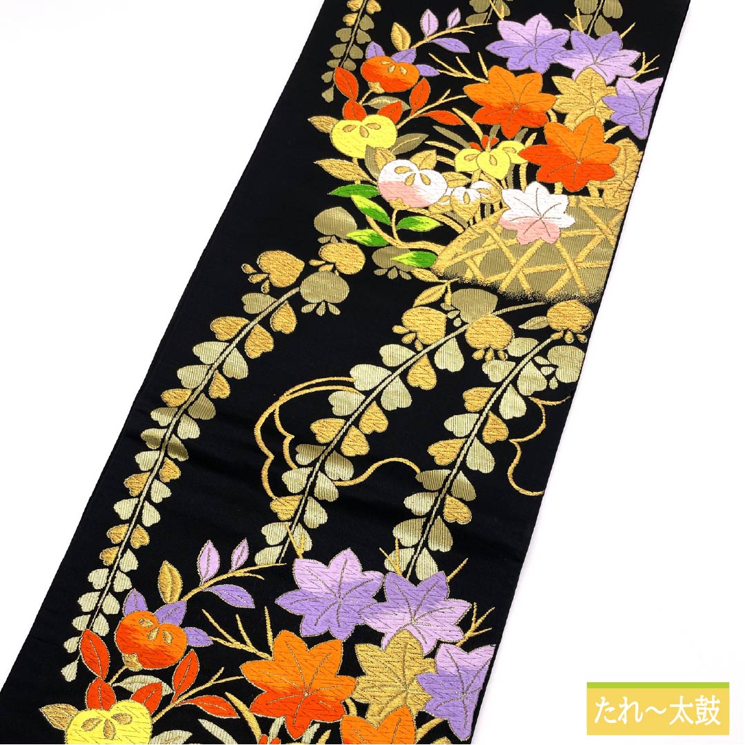 [Untailored] Fukuro obi, pure silk, S-rank, for furisode, bamboo fence, tachibana, iris, obi length 432cm, rokutsu, formal, black系 1123014592310