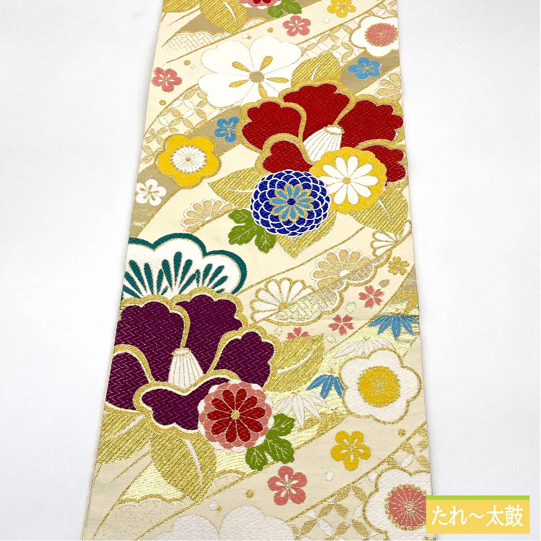 Fukuro obi, pure silk, milky white color, pine, bamboo, plum, camellia, cherry blossom, shippo, obi length 436cm, S rank, six-way, formal, cream color, 1123011662315