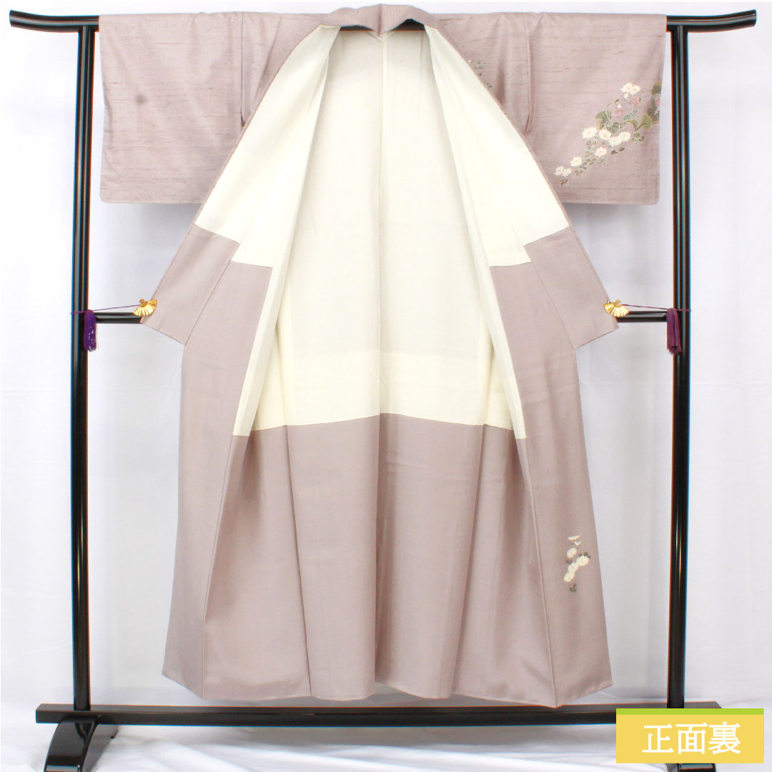 訪問着 正絹 袷 身丈151.5cm 裄丈61cm 鈍紫色（にびむらさきいろ） 紬地 牛首紬 草花模様 Sランク 紫系 1112005332220