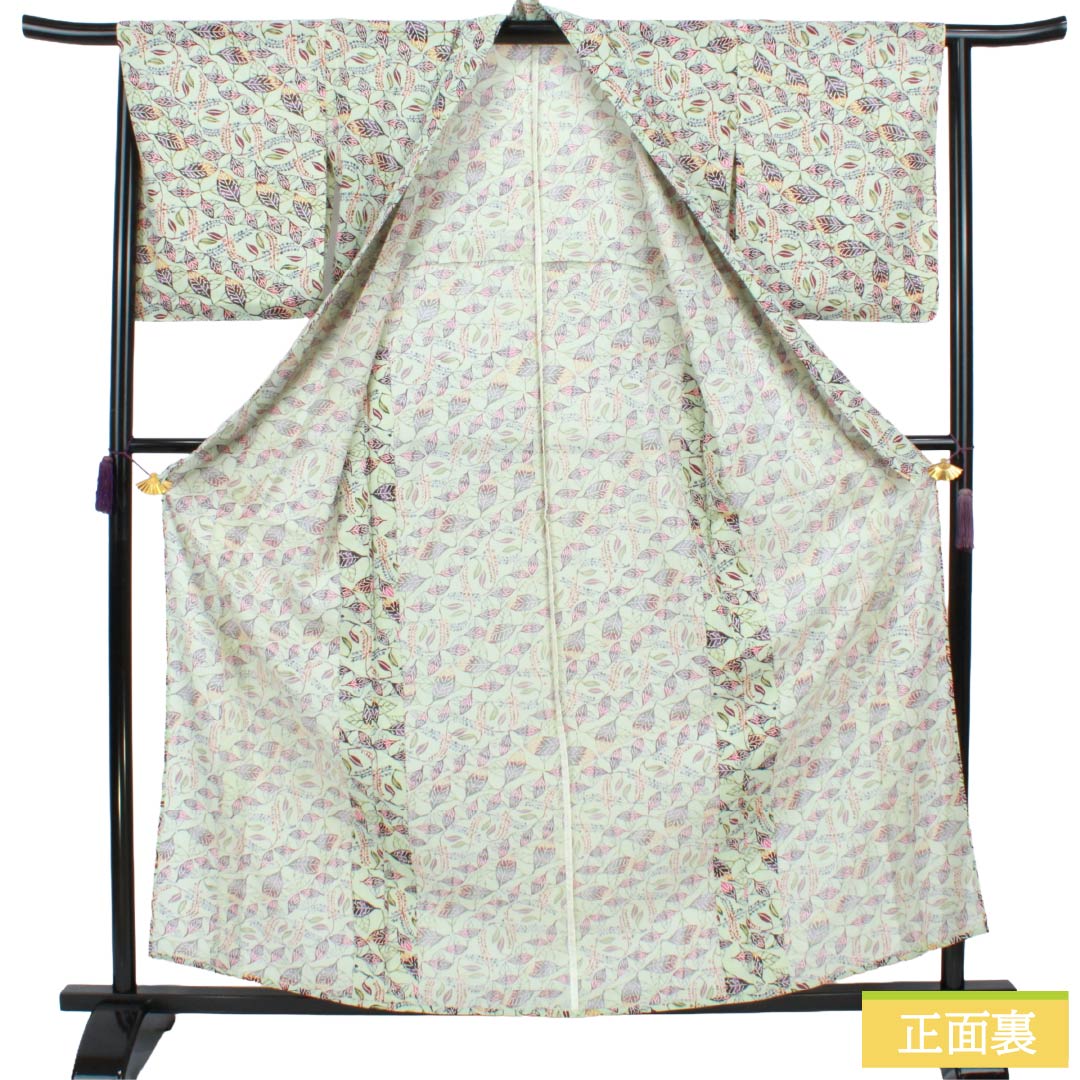 夏物 正絹 小紋 Sランク 身丈160cm 裄丈65cm 薄緑色（うすみどりいろ） 型染 葉模様 絽 緑系 1132005012419