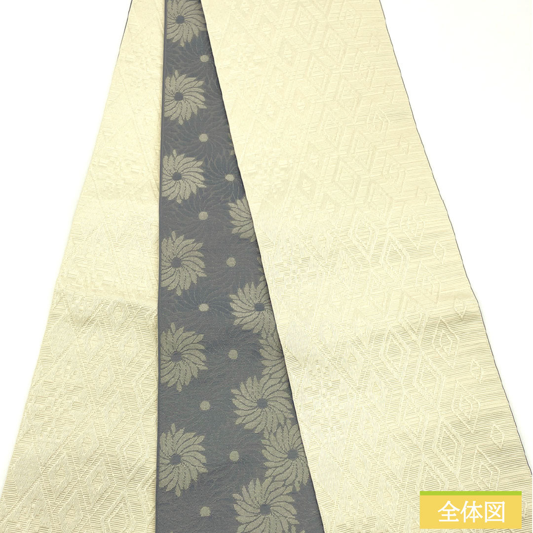 （新品）半幅帯 ポリエステル NEWランク 乳白色（にゅうはくしょく） 燻銀色（いぶしぎんいろ） 菱型 花柄 リバーシブル 帯丈400cm 白系 1125002491411