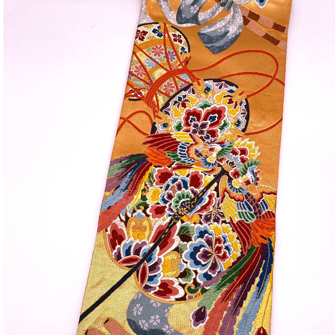 Persimmon-colored Fukuro Obi (Bag Belt) with Phoenix and Drum, Shirayaen Oba, Length 426cm, Pure Silk, A-Rank, Six-pass, Formal, Orange, 1123009763326