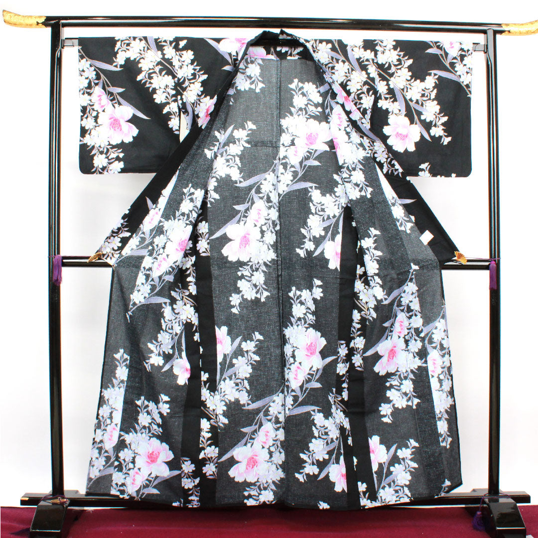 Yukata Peony Cotton S Rank Single Layer Length 158cm Sleeve Length 67.5cm Black 1118002112310