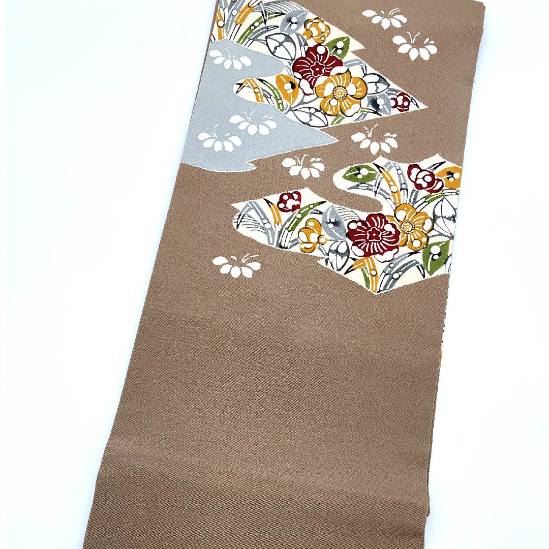 Nagoya obi, fawn color, Kyo-Bingata, Kuriyama Kobo, Tsujigahana pattern, obi length 376.5cm, pure silk, S rank, point pattern, casual, brown, 1124005192314, Nagoya style