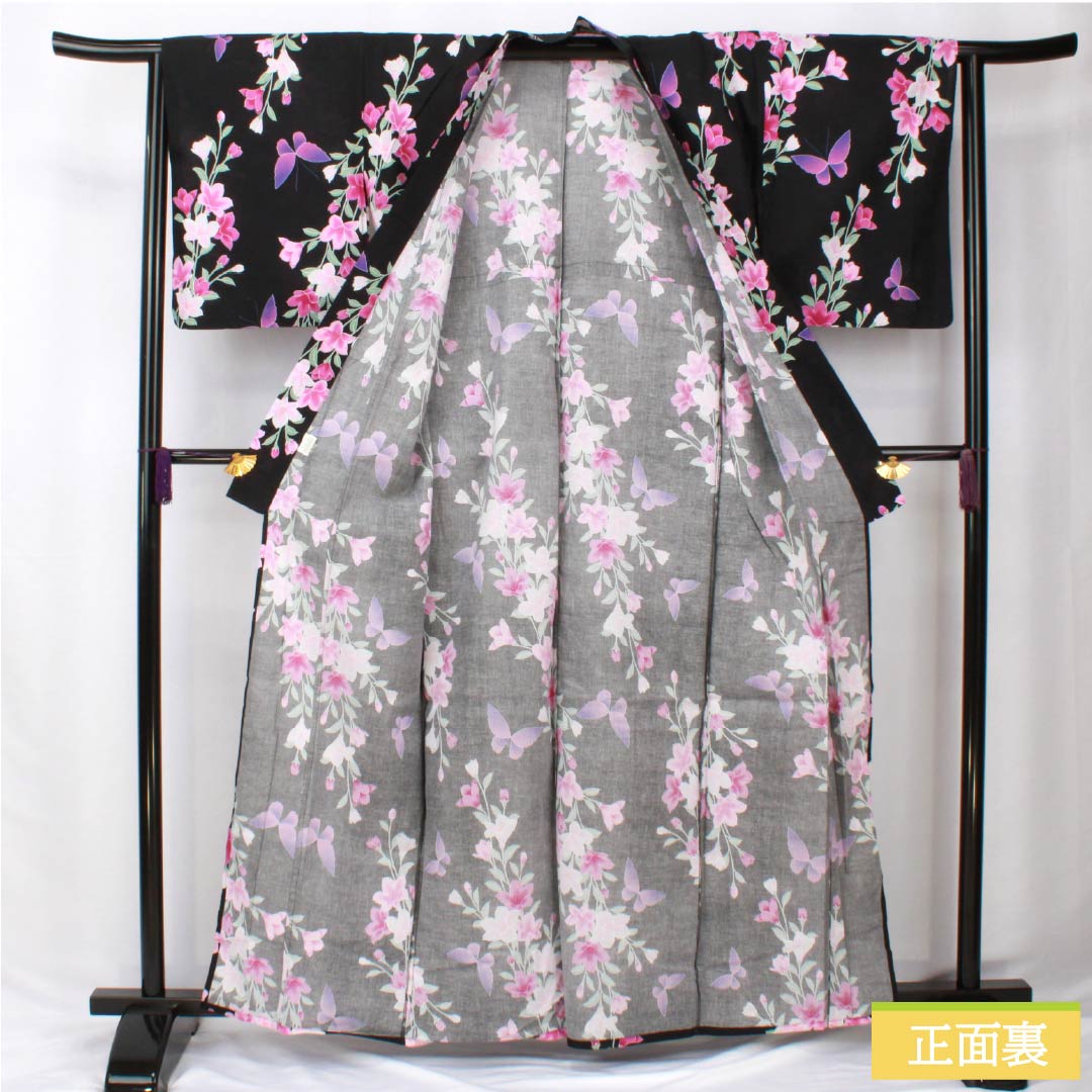 Cotton Yukata, Length 163cm, Sleeve Length 64cm, S Rank, Single Layer, Black, Iron Wire, Butterfly Design, 1118006082410