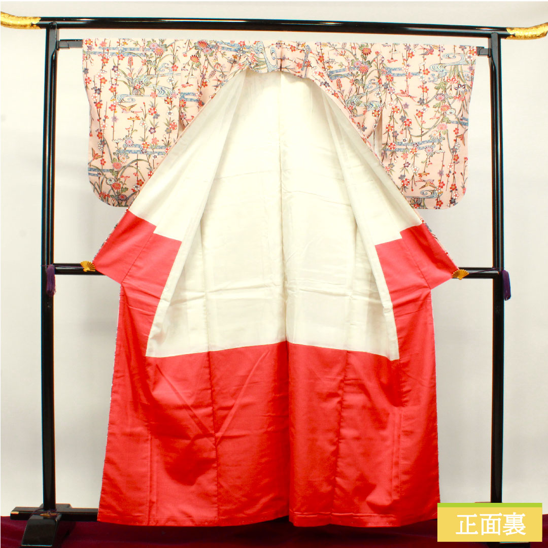 Komon, pure silk, length 159cm, sleeve length 64cm, lined, maiden color, Kyoto Bingata, auspicious pattern, pongee fabric, basting thread included, unused, S rank, pink, 1115003692313