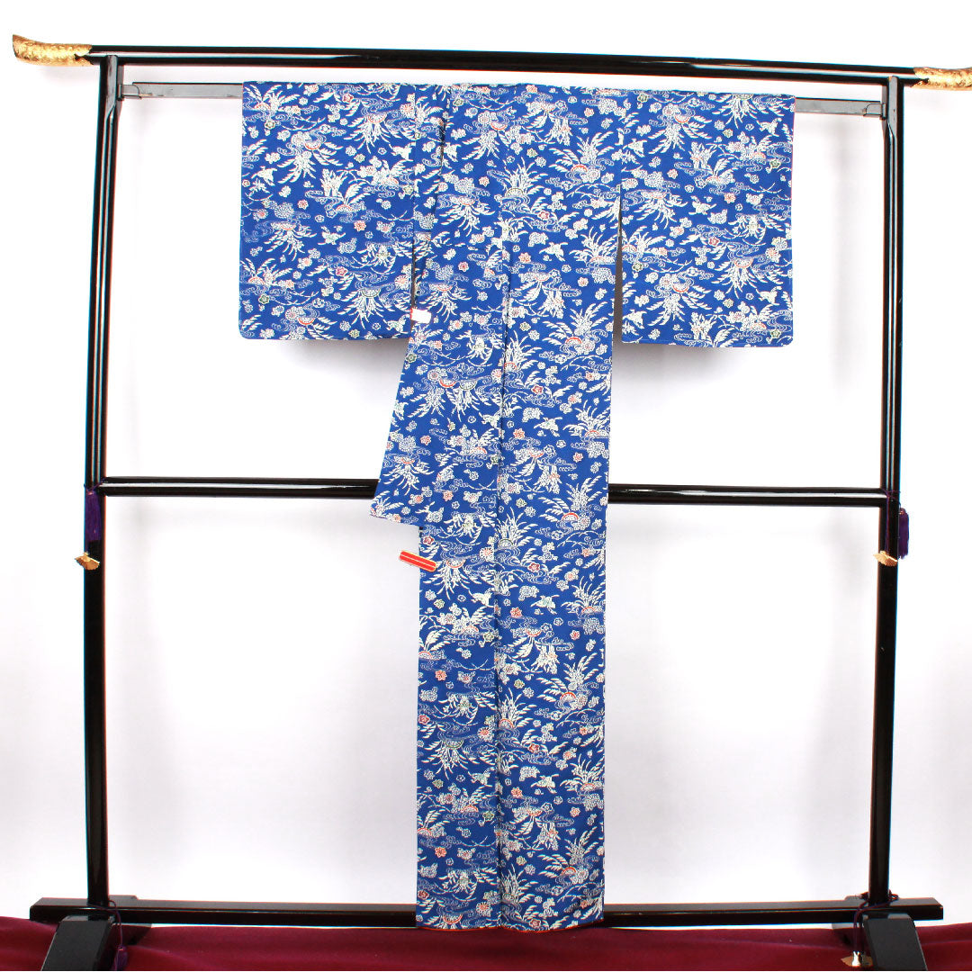 小紋 身丈157.5cm 裄丈61cm 袷  瑠璃紺色 型染 草花模様  正絹 Sランク 青系 1115002202317
