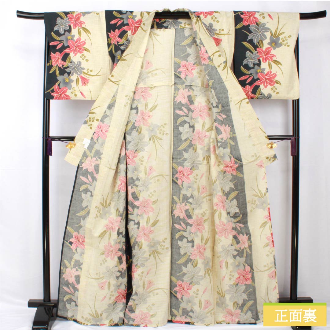浴衣 綿麻 身丈166.5cm 裄丈69.5cm Aランク 単衣 ベージュ系 牙黄色（げおういろ） 百合 桔梗 1118005443525