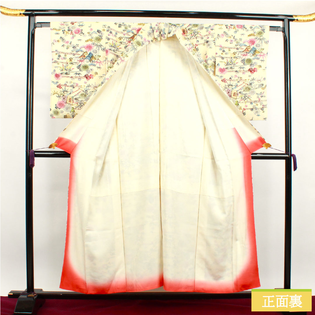 Komon, pure silk, length 154.5cm, sleeve length 62.5cm, lined, milky white, pongee, Kyoto Bingata, pine, bamboo, plum, flower cart, running water, S rank, cream, 1115003542215