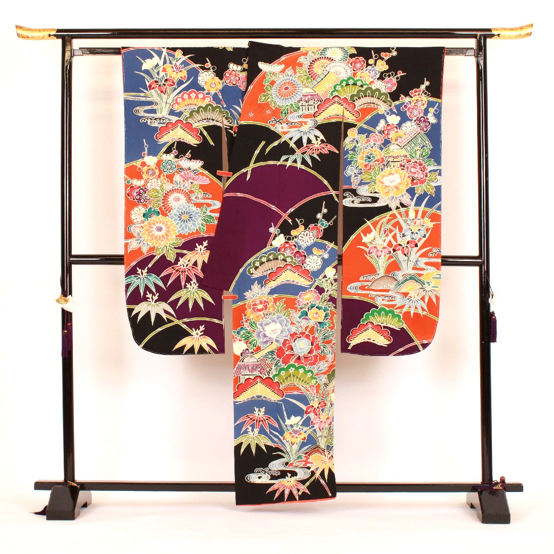 振袖 身丈160cm 裄丈68cm 袷  京紅型 松竹梅  正絹 Aランク 黒系 1113000363410