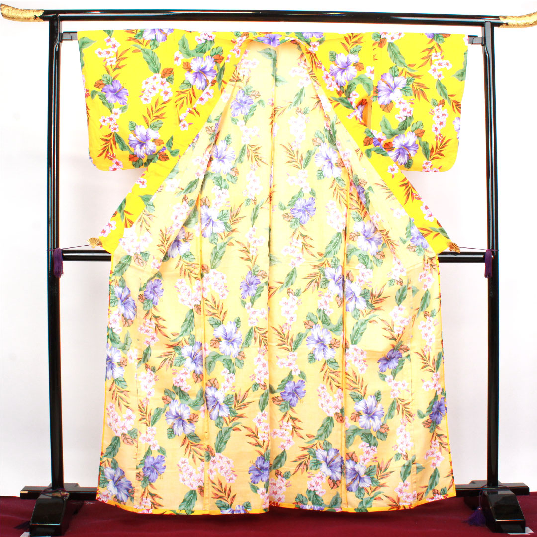 Yukata, yellow, hibiscus, cotton, S rank, single layer, length 165cm, sleeve length 67.5cm, yellow, 1118003262523